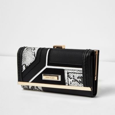 Black snake print panel clip top purse
